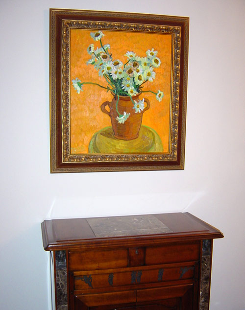 Camomiles in a clay jug painting in a home interior